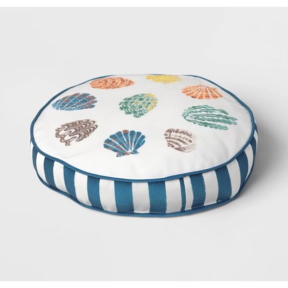 Threshold 16” Round Outdoor Throw Pillow Blue Shells Patio Cushion NEW - Picture 3 of 6